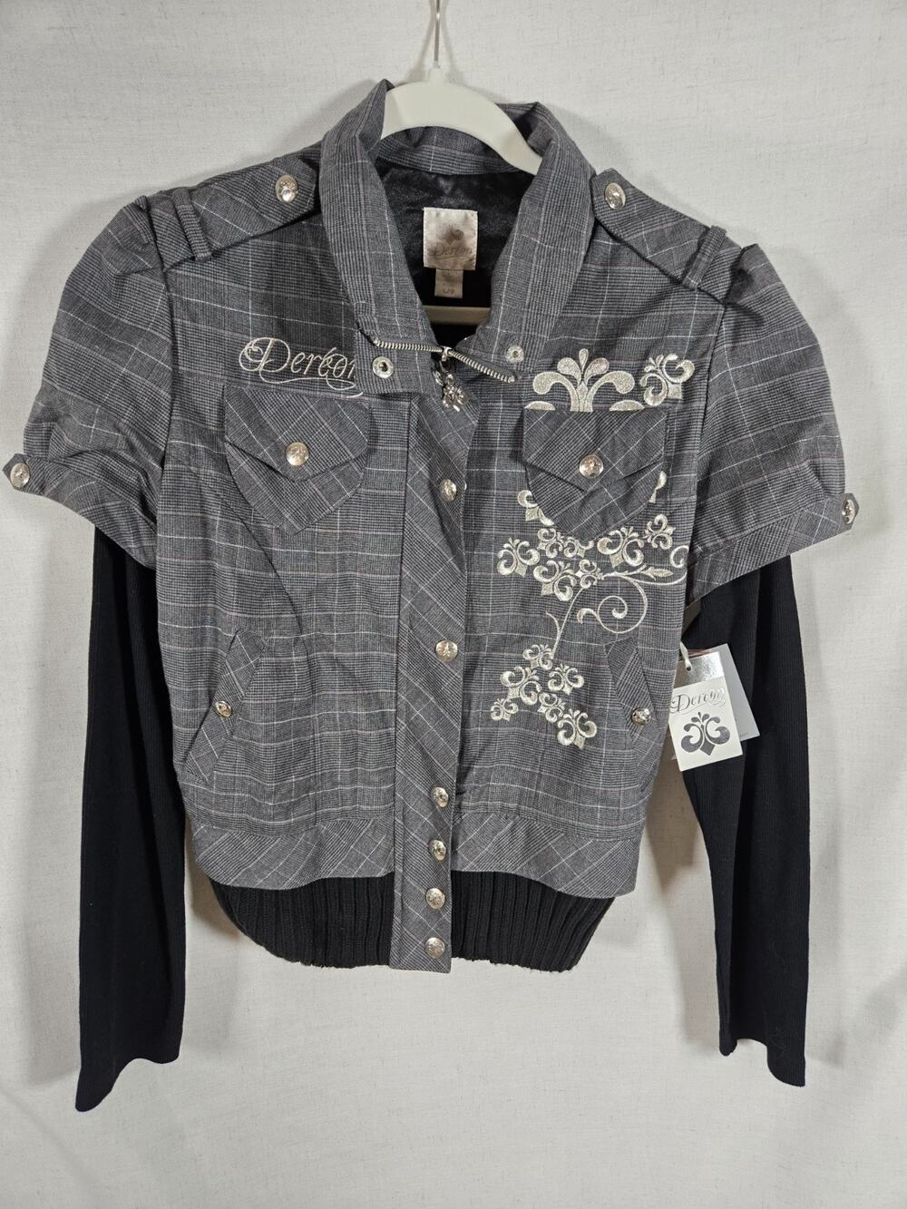 Vintage Y2K Deadstock Dereon Jacket Grey Plaid Moto Embroidered Beyonce NWT- L